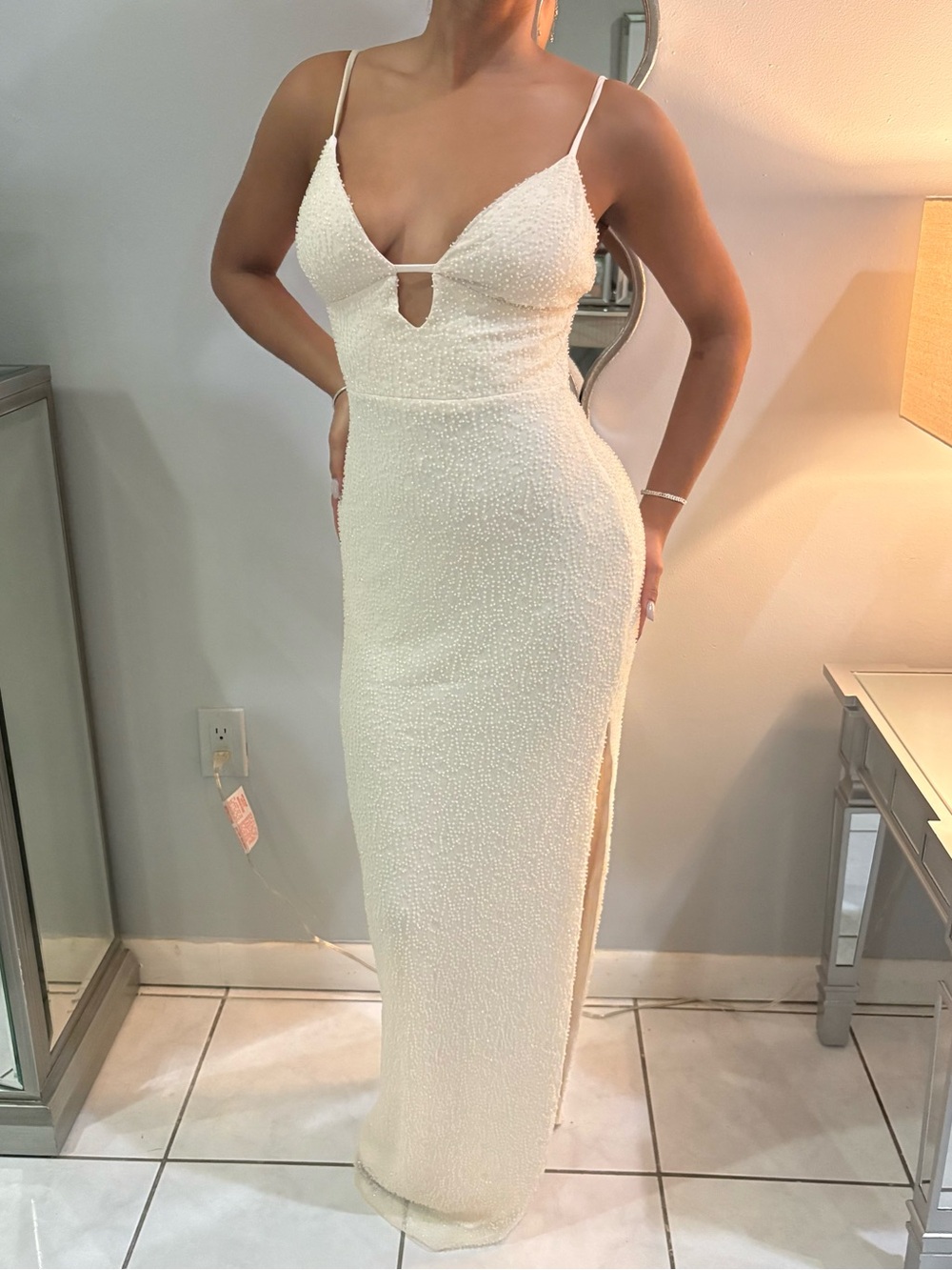 Ivory Beaded Spaghetti-Strap Gown